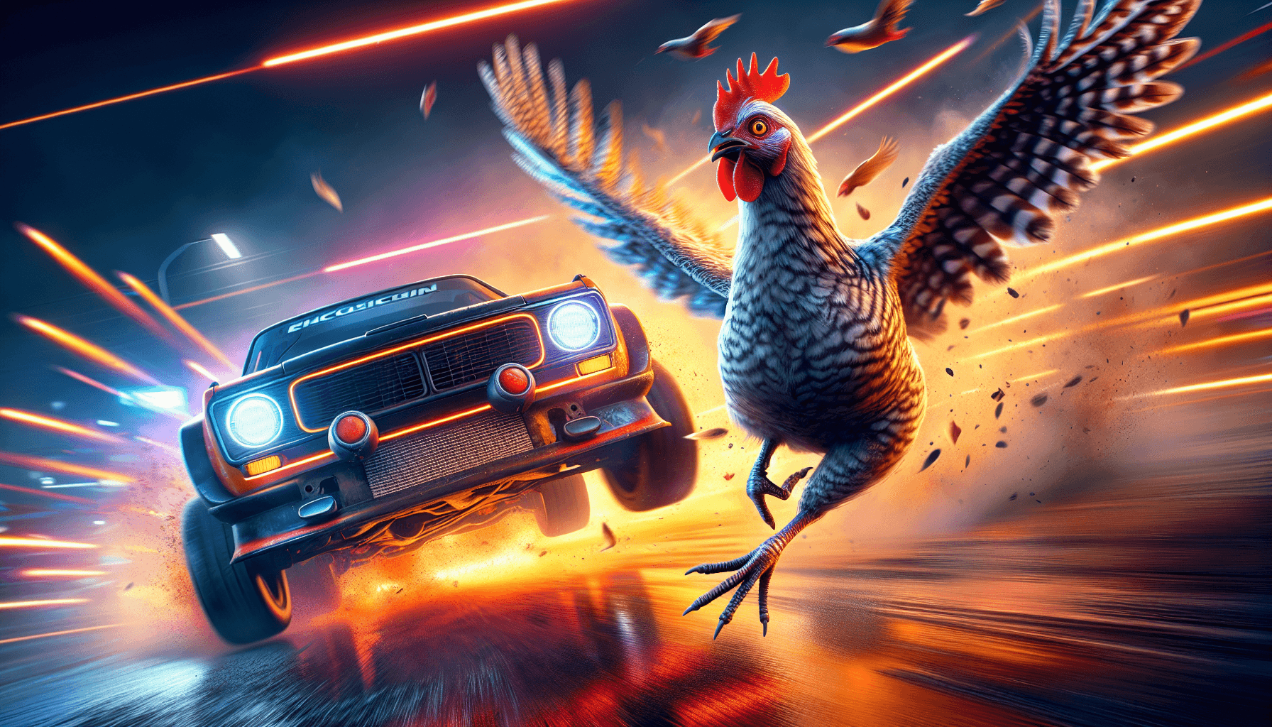 Chicken dodging a car