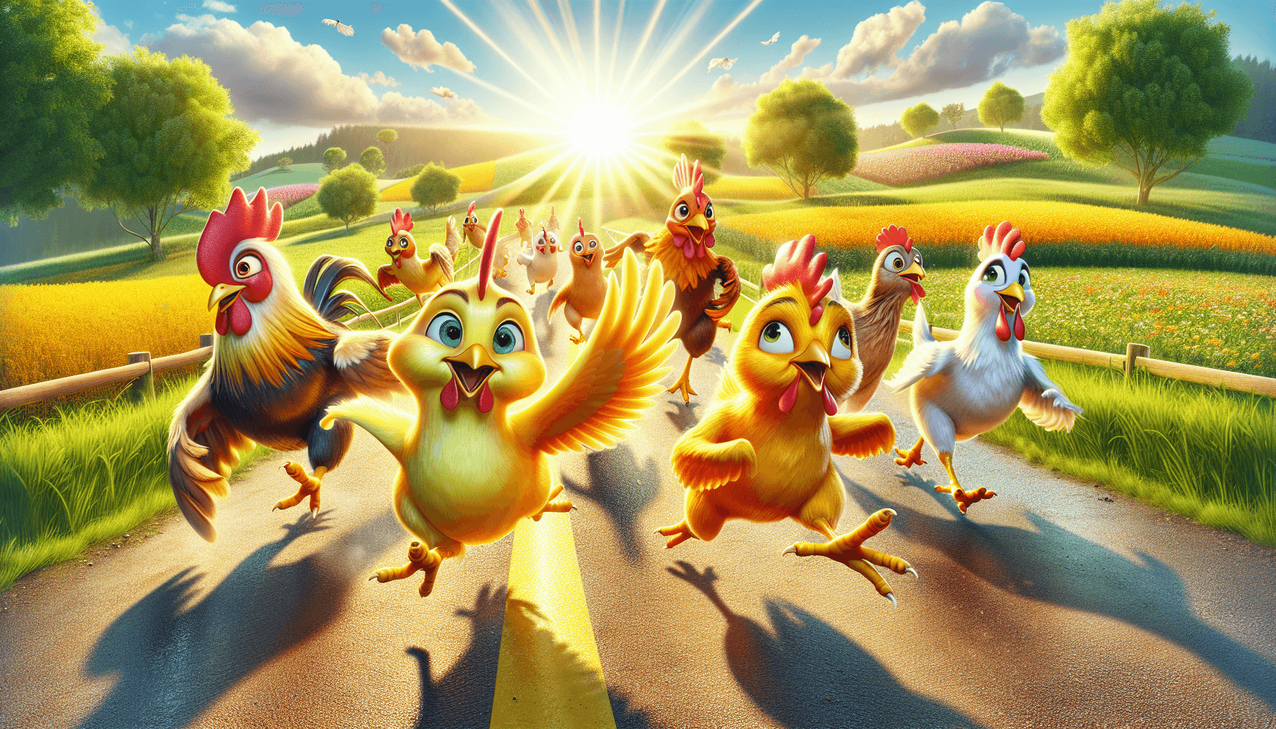 Chickens racing in the sun