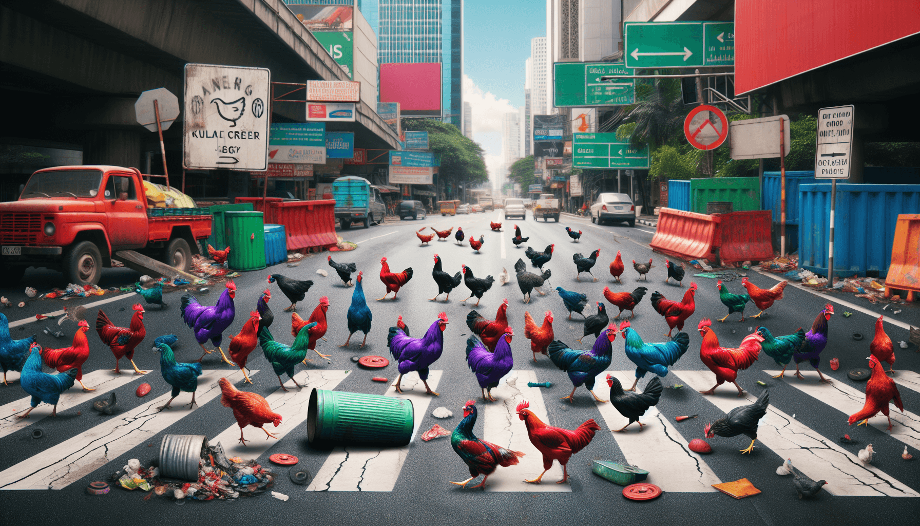 Chickens facing road obstacles